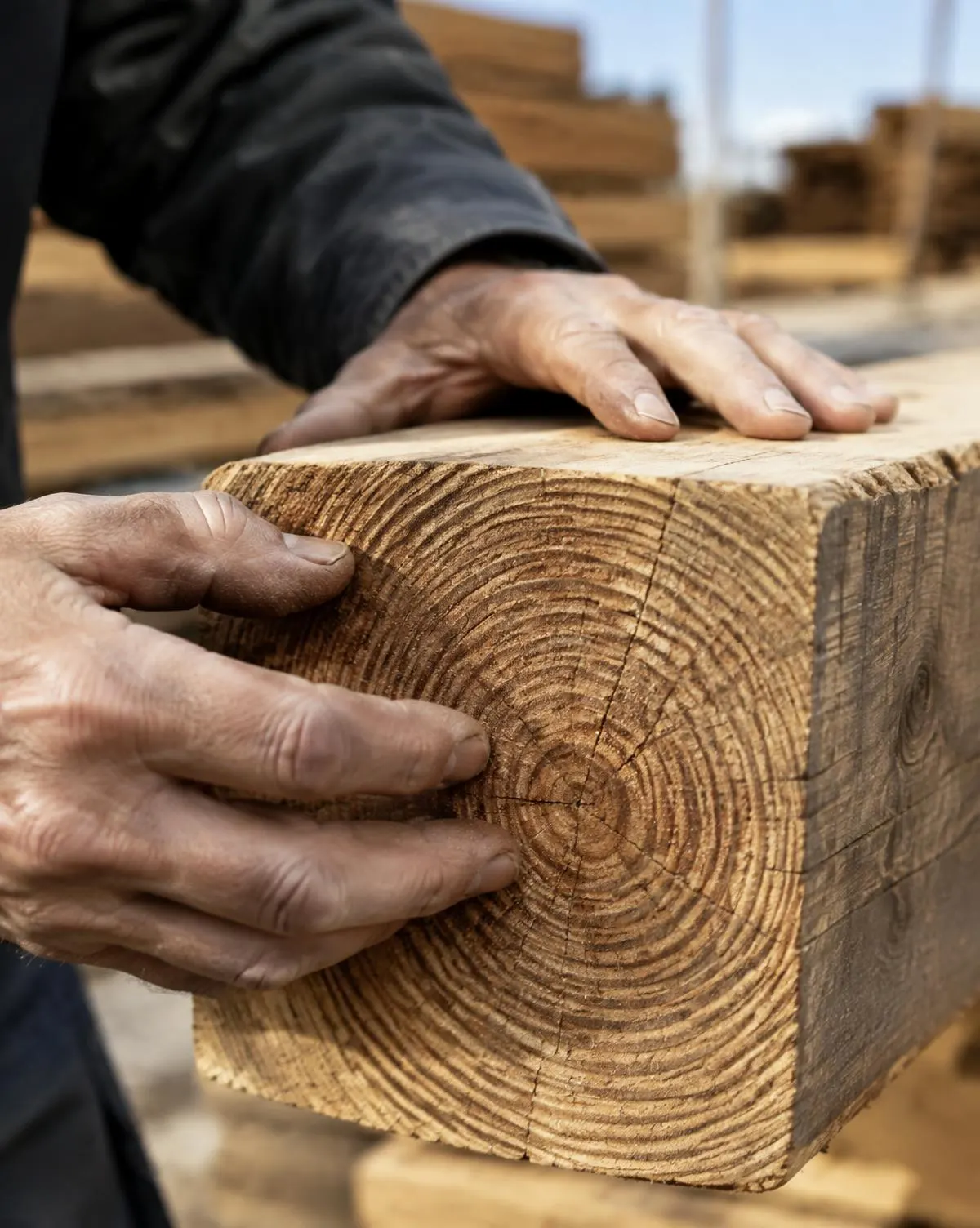 Weathered hands feeling the end-grain of a sawn timber beam