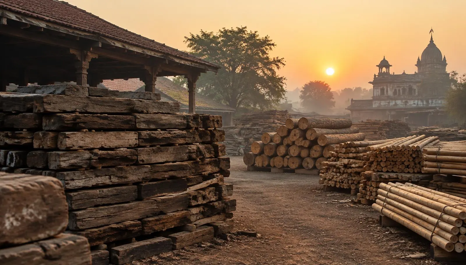 Traditional timber yard at dawn with old and new stacks of timber, logs and bamboo