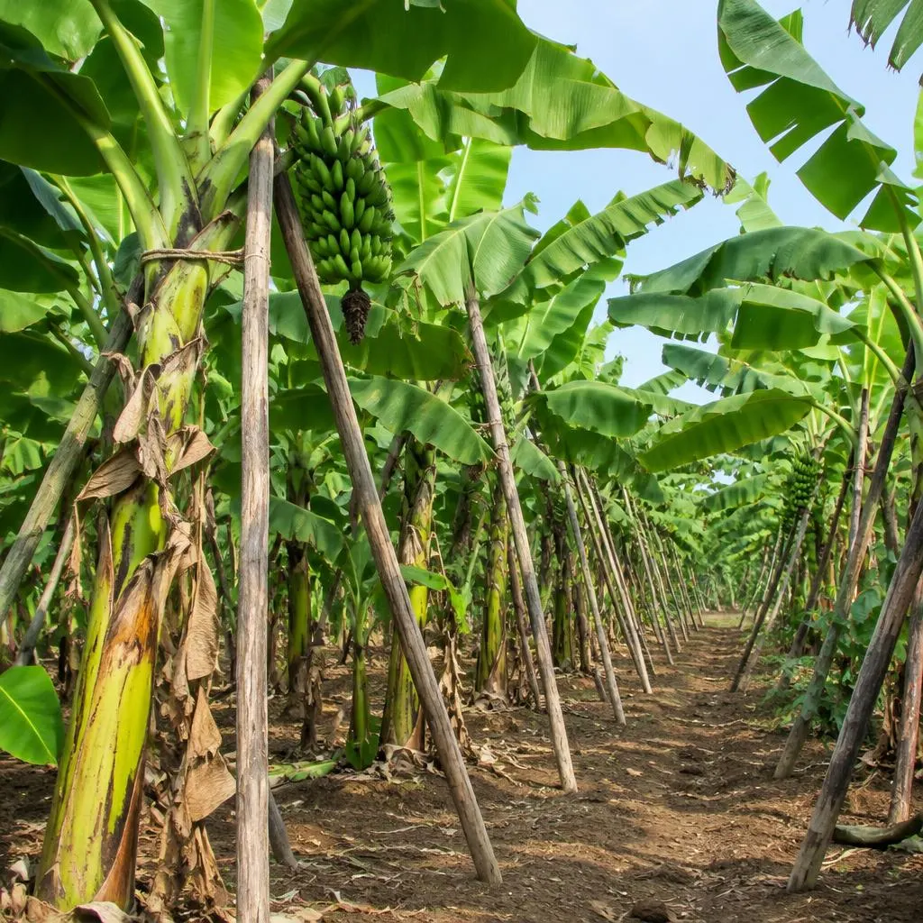 Banana plantation with wooden poles propping the plants