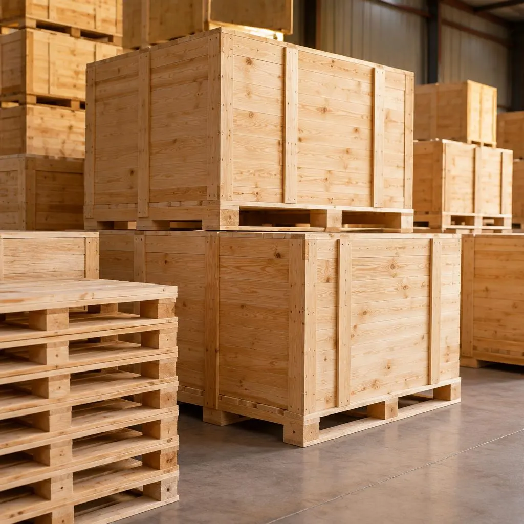 Pine timber export packing crates and pallets in a warehouse