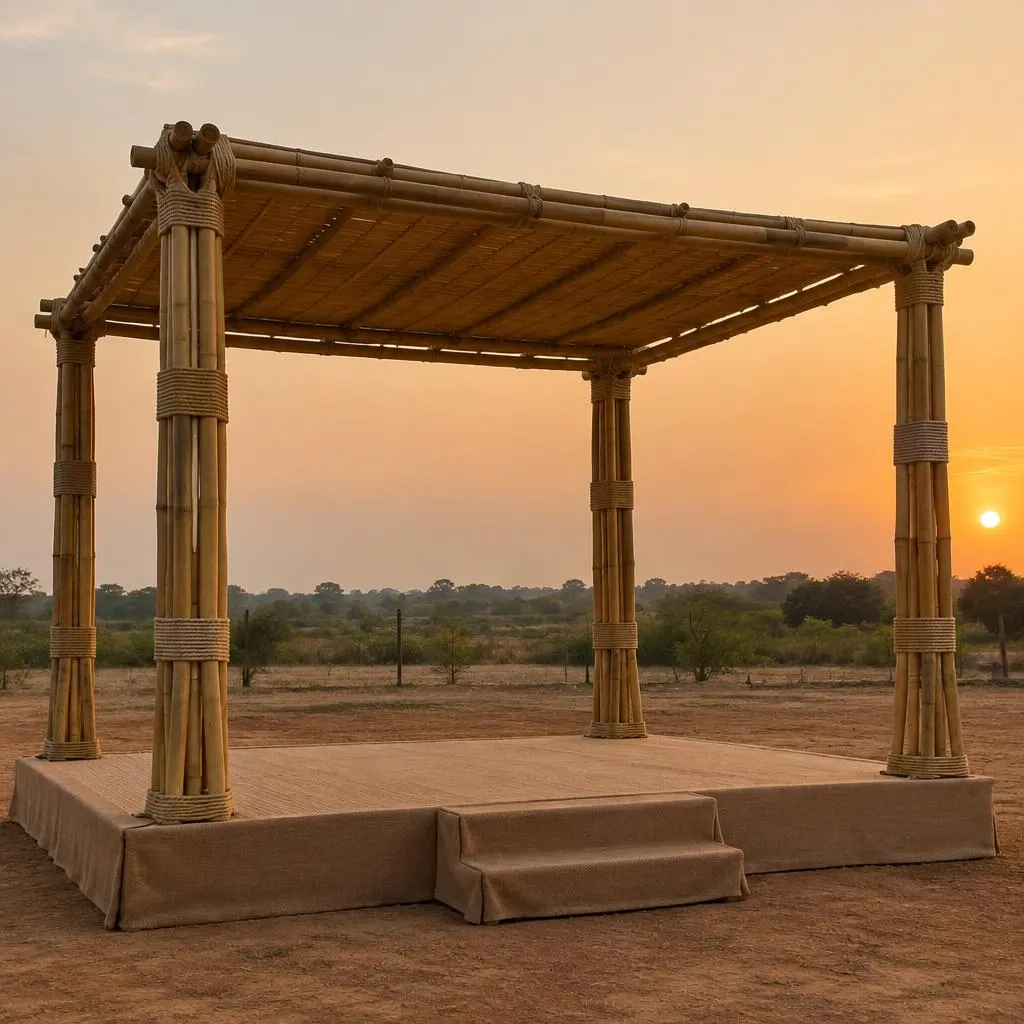 Wedding mandap structure built with bamboo poles before decoration