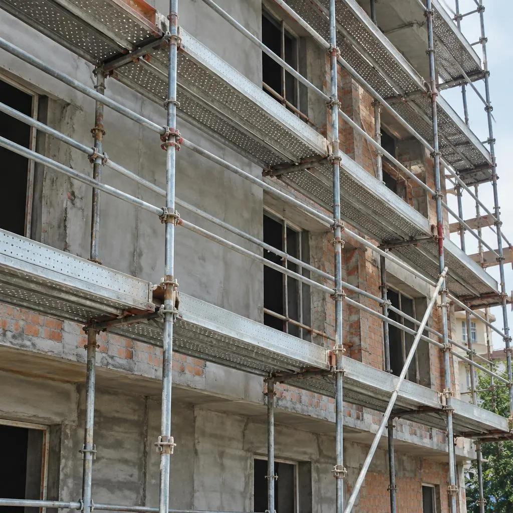 Building facade with steel scaffolding and perforated walkway planks