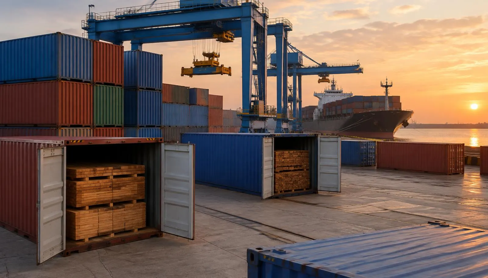 Open shipping containers stacked with timber at a port terminal