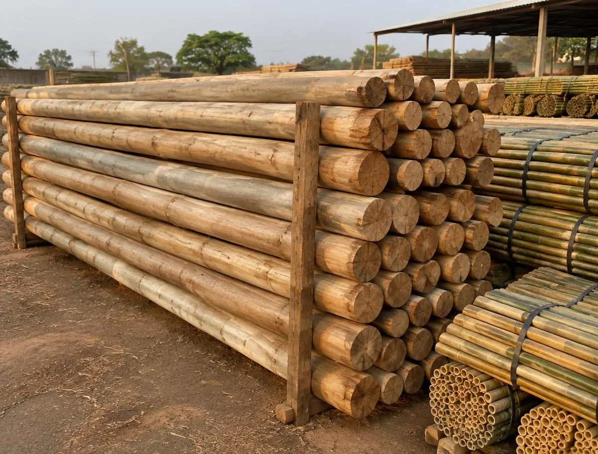 Neat stack of straight eucalyptus ballies with bamboo bundles beside
