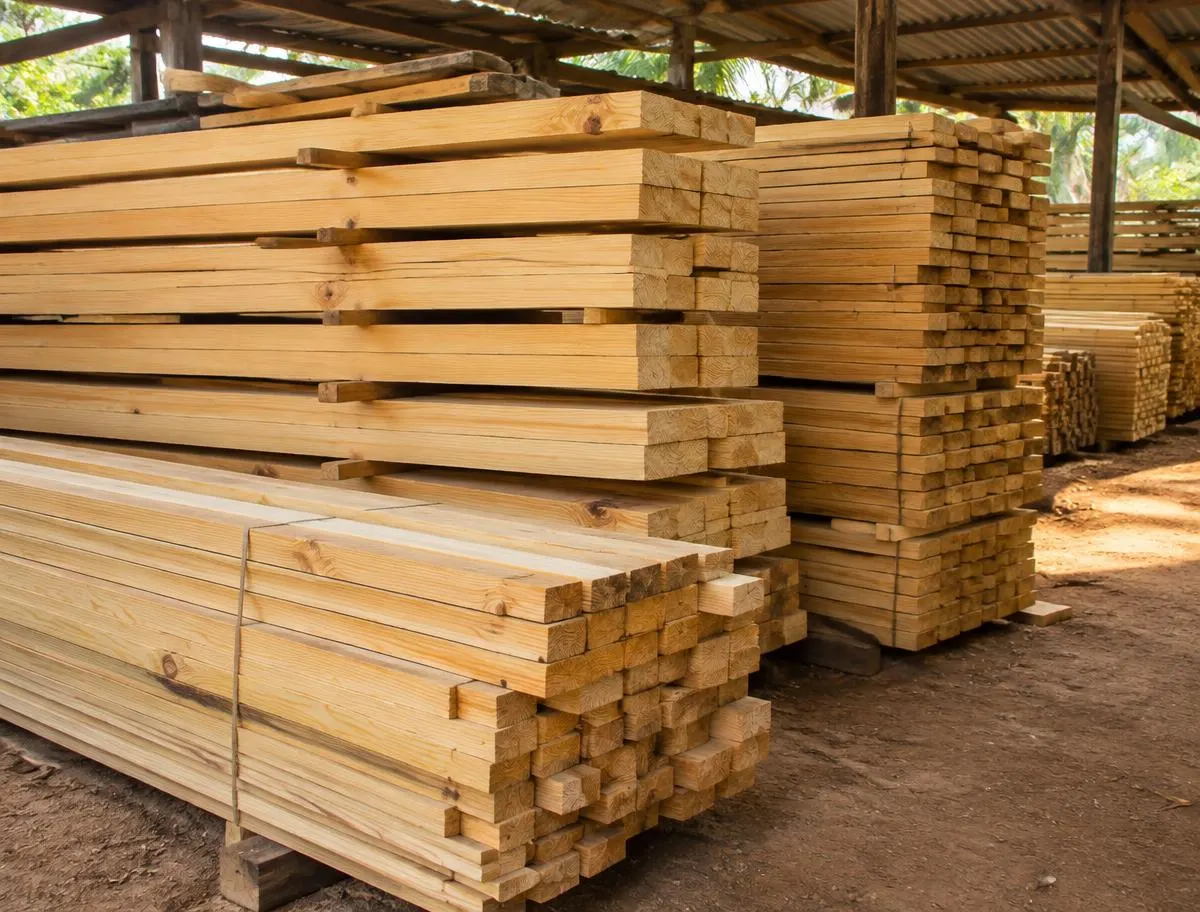 Sorted stacks of pine sawn planks and battens with visible grain