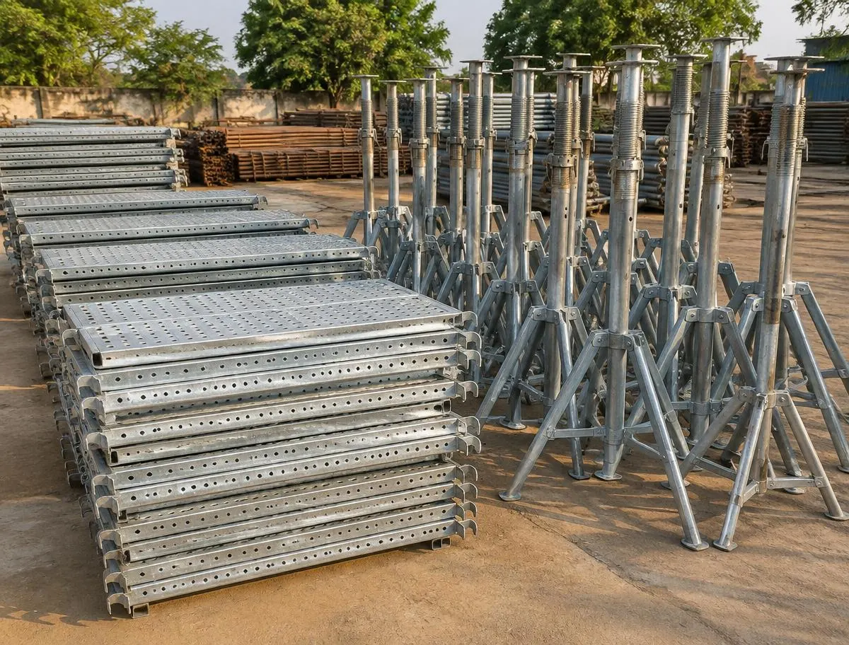 Perforated steel walkway planks and steel prop tripod stands arranged in a yard