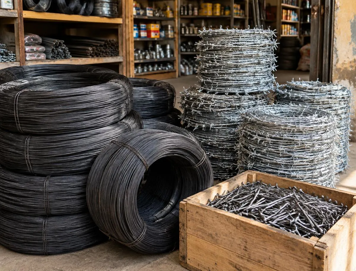 Coils of black binding wire, galvanised barbed wire and a crate of wire nails