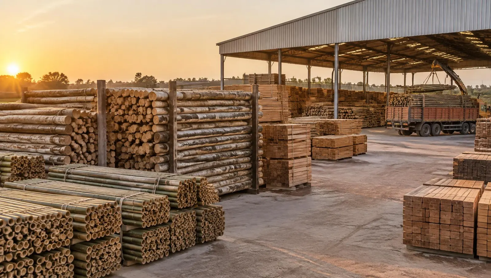 Organised timber yard with stacked eucalyptus poles, bamboo bundles and sawn timber at golden hour