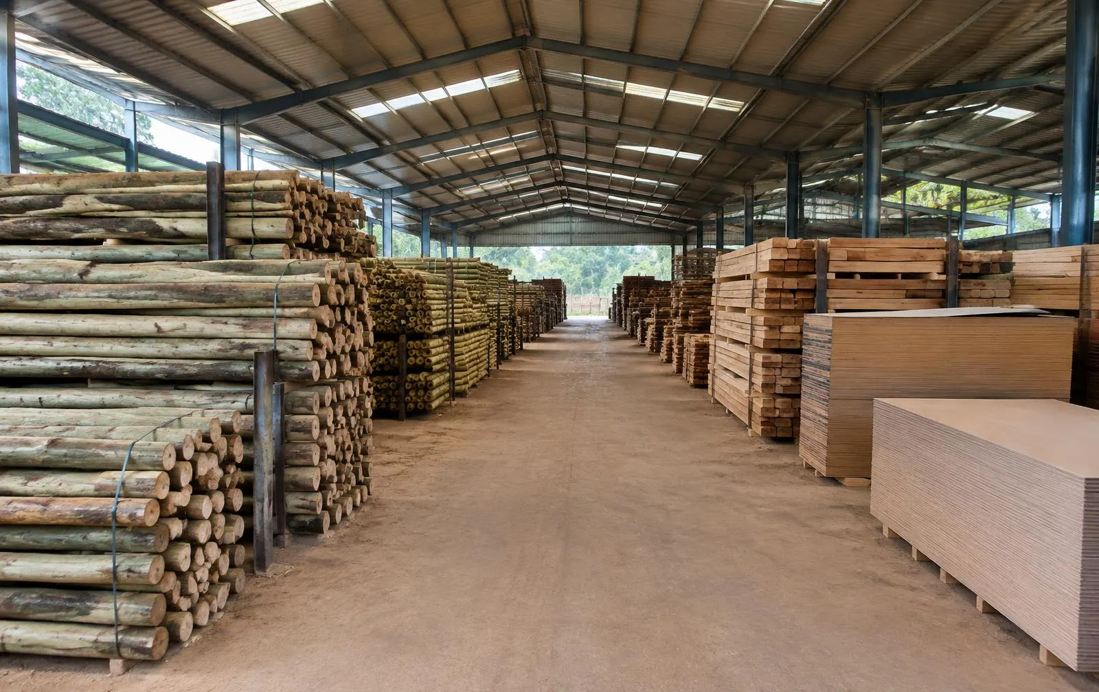 Covered shed with long rows of sorted poles, bamboo, sawn timber and plywood