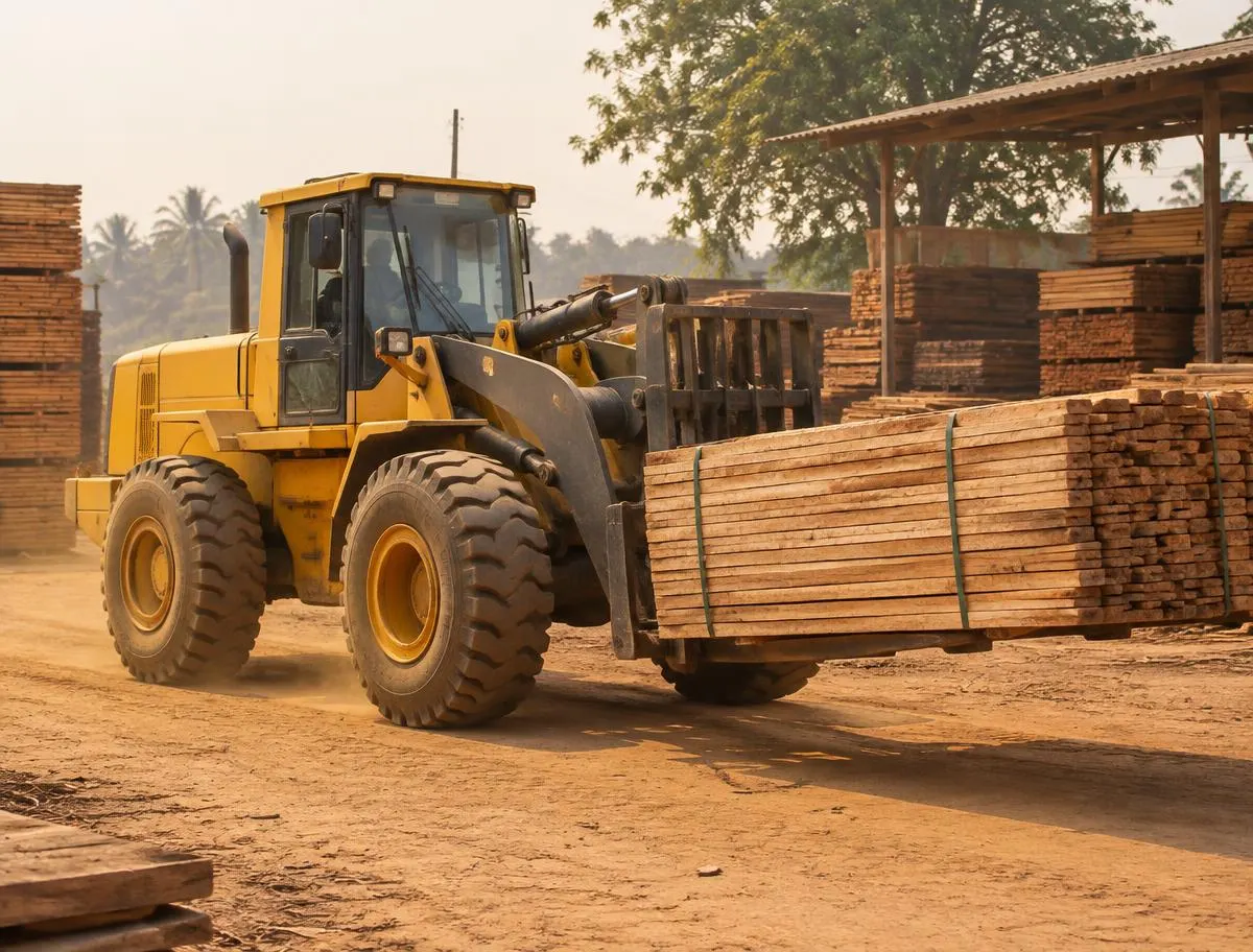 Loader moving a strapped bundle of sawn timber in a yard