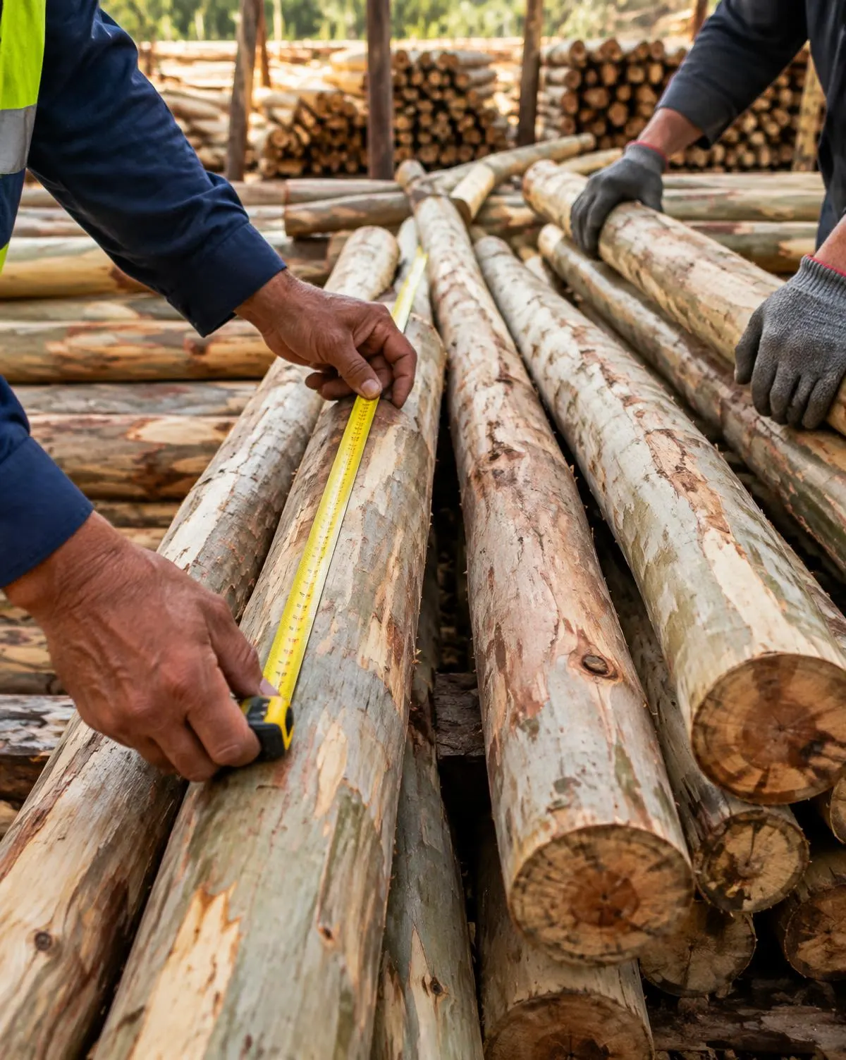 Hands measuring eucalyptus poles with a tape to sort them by size