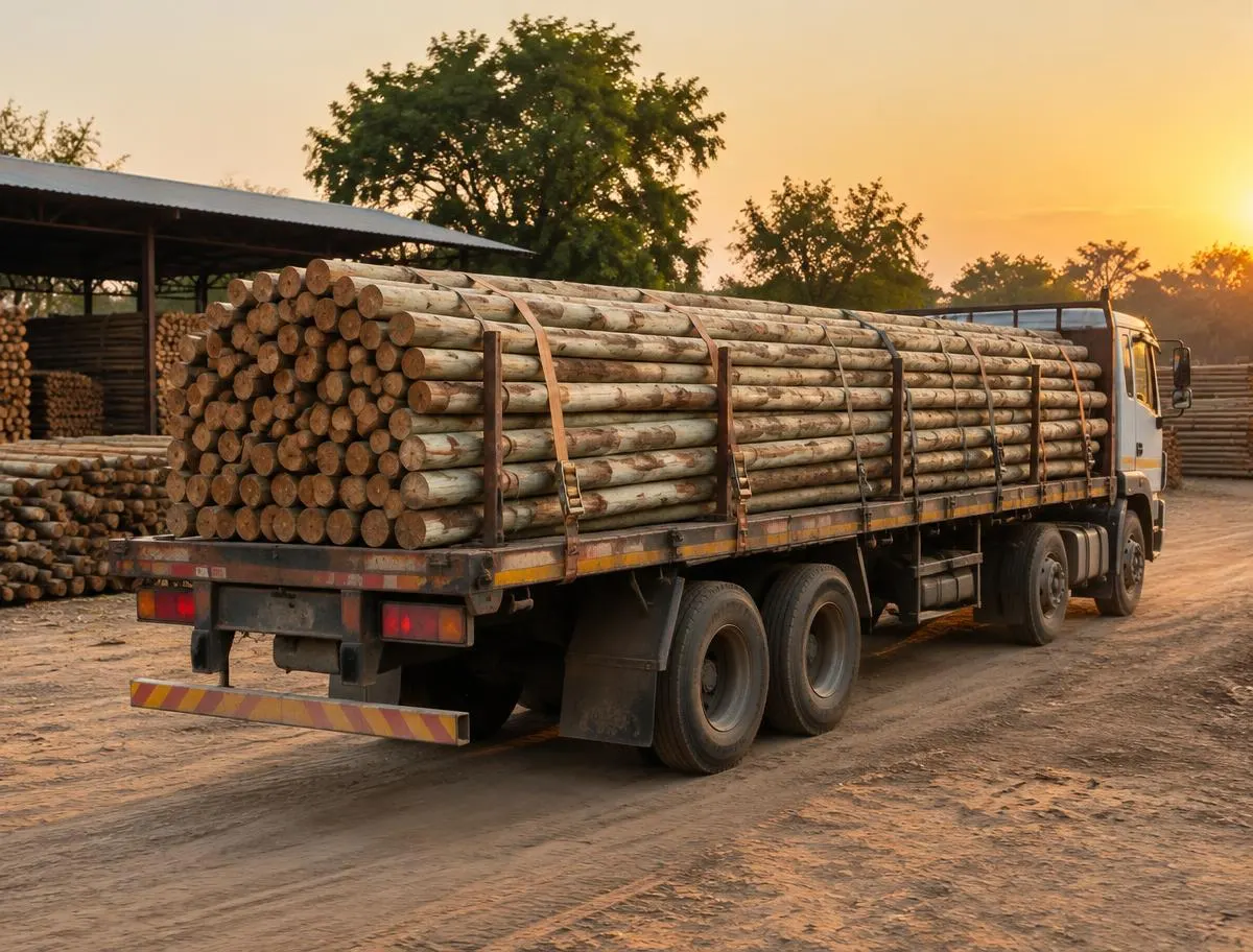 Flatbed truck loaded with strapped eucalyptus poles leaving a yard