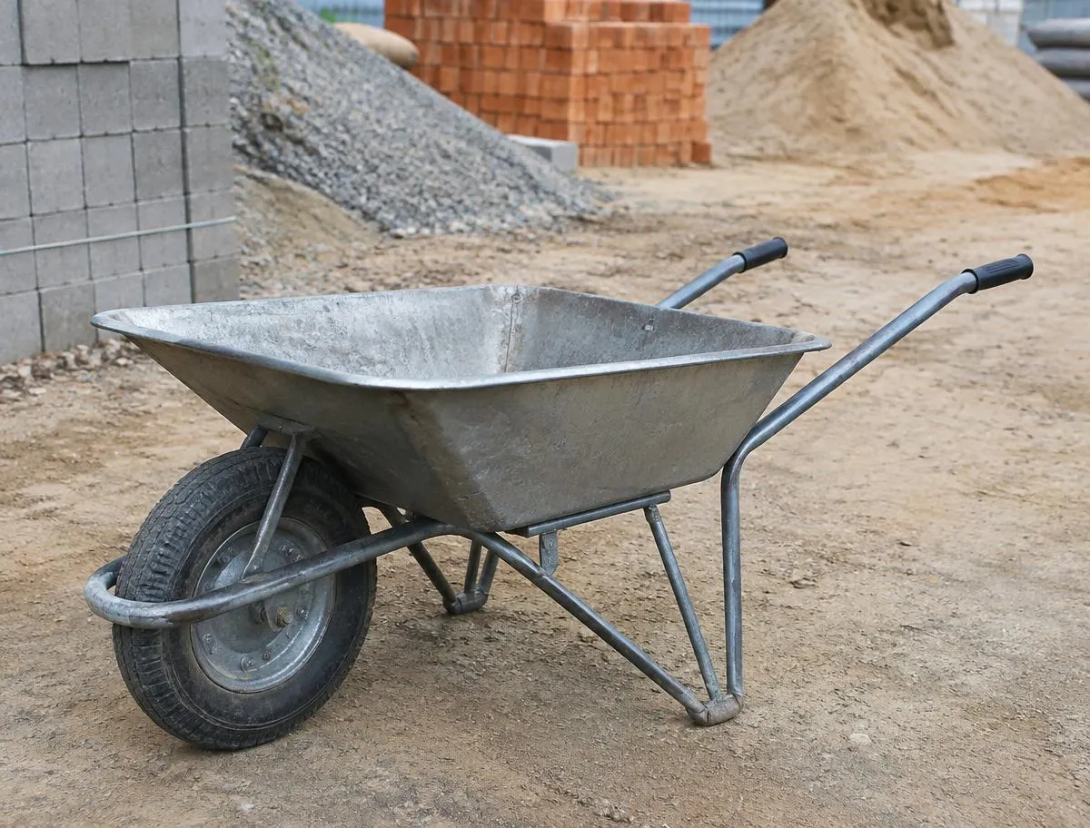 Construction Wheelbarrow (Thelo / Hath Lari) — sorted stock in a timber yard