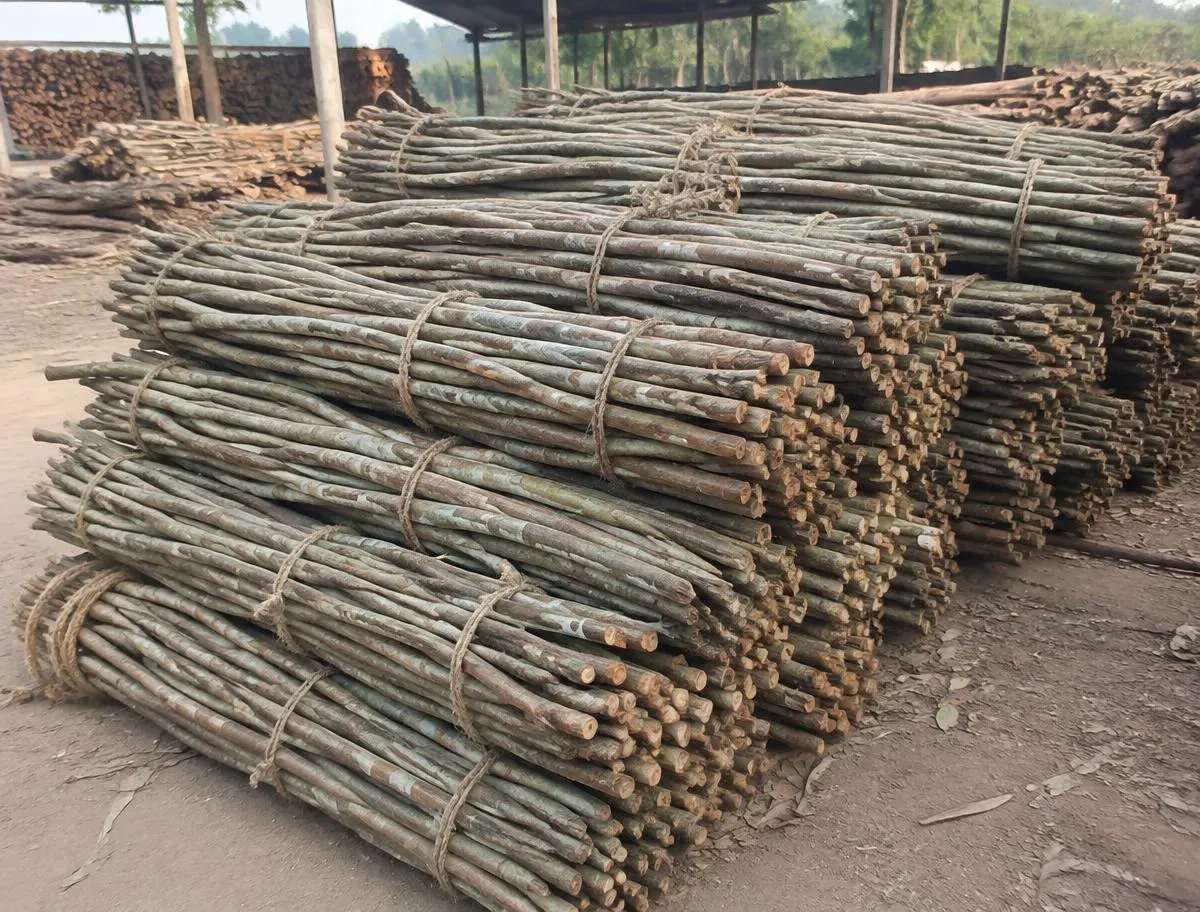 Eucalyptus Stakes (Nilgiri Lakdi) — sorted stock in a timber yard