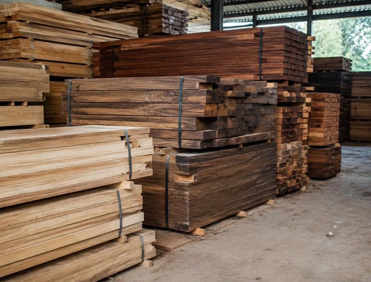 Imported Hardwood Sawn Timber (Size Lakdu) — sorted stock in a timber yard