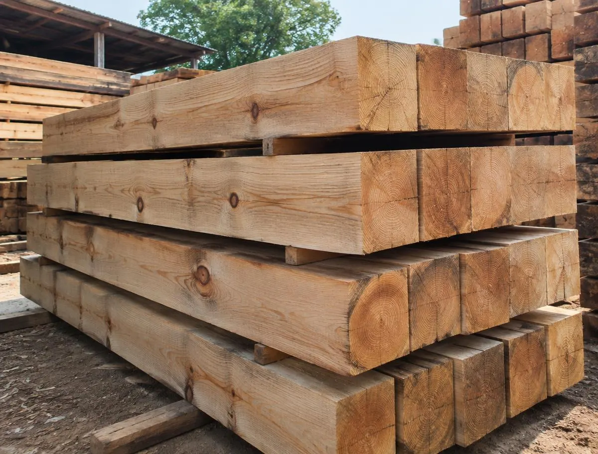 Pine Beams & Scantlings (Pine Kadi) — sorted stock in a timber yard