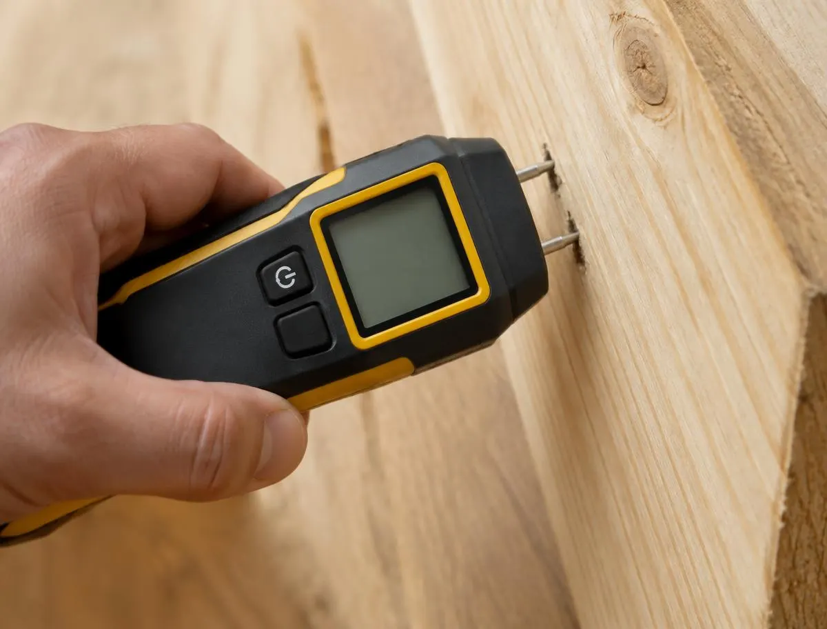 Handheld moisture meter pressed against a sawn plank